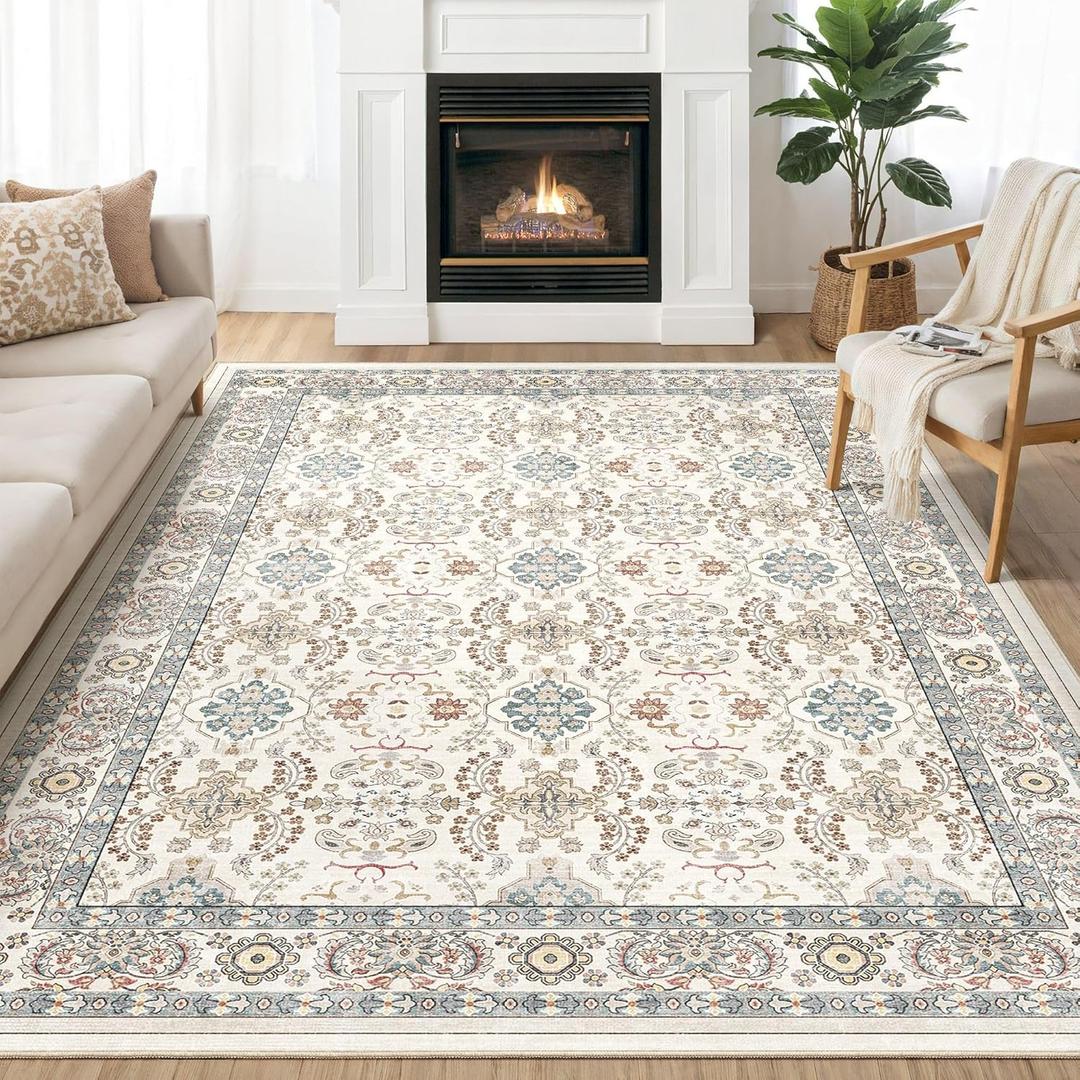 Area Rugs for Living Room: 9x12 Washable Rug Vintage Boho Floral Print - Ultra Thin Stain Resistant Large Soft Non Slip Foldable Carpets for Bedroom Dining Room Office Nursery - Multi (9' x 12', Multi Color)