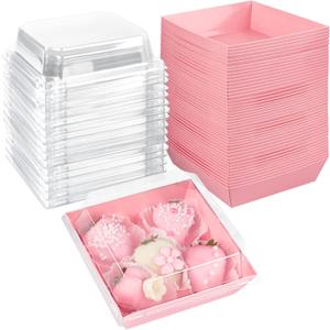 Ocmoiy Pink Charcuterie Boxes with Clear Lids 4x4 Inch, 100 Pack Square Kraft Bakery Cake Slice Boxes with Window, Dessert To Go Containers (100)