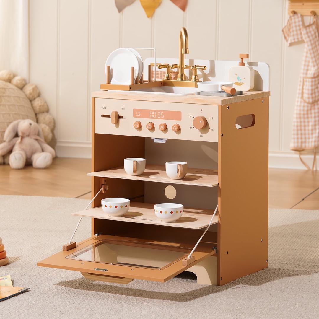 Robud Wooden Dishwasher Playset for Kids - Pretend Kitchen Sink with Faucet, Turning Knobs, Dish Rack & Tableware for Toddler Role Play Toy Ages 3+, Caramel