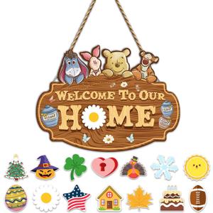 Winnie Welcome Sign for Door Decor, the Pooh Welcome to Our Home Sign with Interchangeable Holiday Sign, Welcome Sign for Home Farmhouse, Perfect for Christmas Thanksgiving Gifts, Housewarming Gifts