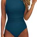SUUKSESS Women One Piece Ruched Swimsuit Tummy Control Backless Bathing Suit (Large, Peacock Blue)