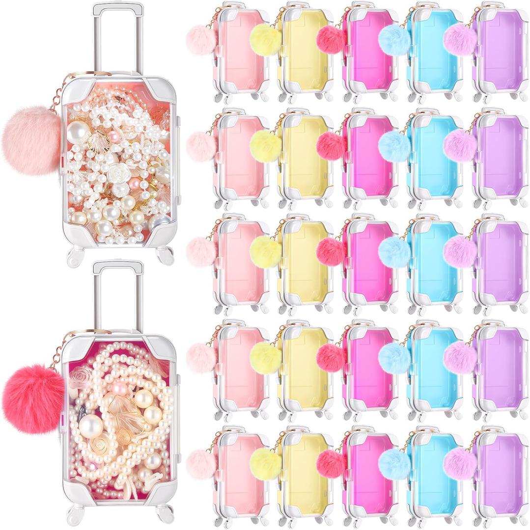 VioraWhite 50 Pcs Mini Suitcase Empty Storage Box and Plush Ball Keychain Candy Luggage Containers Packaging Case for Bridal Shower Baby Shower Party Favors Travel Gifts (Multicolor)