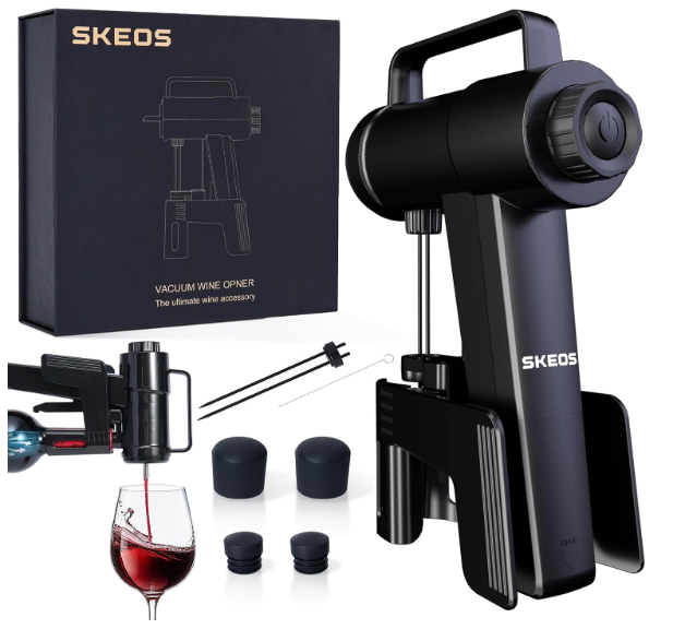 SKEOS Electric Wine Opener, Needle Piercing Vacuum Wine Bottle Opener for Smooth Extraction, No Cork Damage, Vacuum Seal Freshness, Perfect for Wine Lovers, Black v