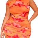 WDIRARA Women's Plus Size Floral Off The Shoulder Mini Dress Ruched Asymmetrical Sleeveless Bodycon Mesh Dresses (Orange) Size 4XL