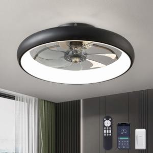 LUDOMIDE Ceiling Fans with Lights 20'' Flush Mount Fan Remote & APP Control Black Low Profile 6 Wind Speeds Smart Dimmable LED for Bedroom Living Room (Y1095-BK-ELE)