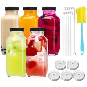 CUCUMI 5pcs 16oz Glass Juice Bottles with Lids, Reusable Juice Containers Drinking Jars Water Cups with Brush, Glass Straws, Lids with Hole