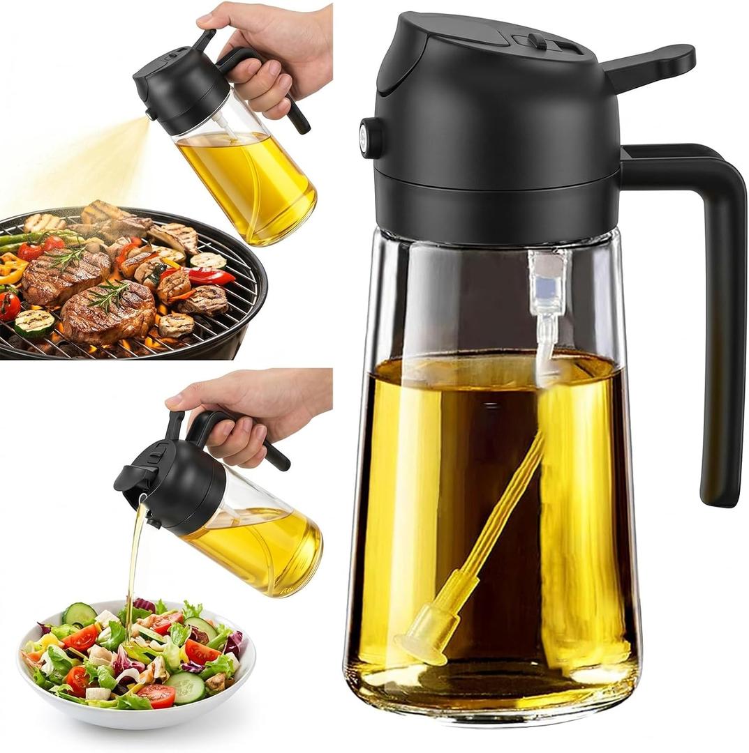 2 x 16oz/470ml Oil Sprayer for Cooking, 2 in 1 Oil Dispenser for Kitchen, Olive Oil Sprayer, Food Grade Glass Bottle for Kitchen Gadgets, Air Fryer Accessories, Salad, BBQ (Black)