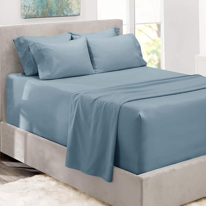 Hearth & Harbor Bed Sheets, Luxury Soft 6 Piece Bed Sheet Set Extra Deep Pocket Fitted Sheets Fits Mattress up to 21", Double Brushed Bedding Sheets & Pillowcases, King, Soft Blue