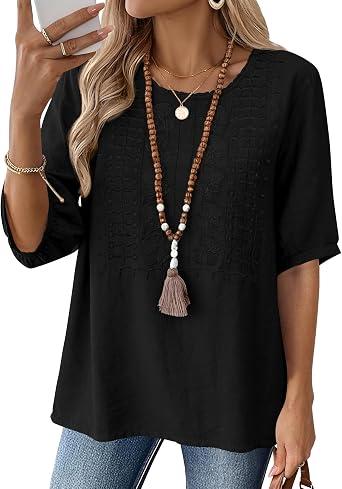 Kistore Women's Embroidered Shirts Short Sleeve Crew Neck Trendy Casual Black Blouses Pullover Tops Spring Clothes XXL