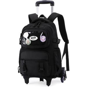 Girls Rolling Backpack Elementary School Bag with Wheels, Trolley Bags for Kids Roller Backpack for Girls Boys (Black-6 Wheels)