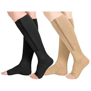 Athbavib 2 Pairs Compression Socks for Women & Men with Zipper 15-20 mmhg, Wide Calf Open Toe Plus Size Compression Socks Men, Knee High Compression Stockings for Flying Nurses Pregnant Women Travel, L/XL