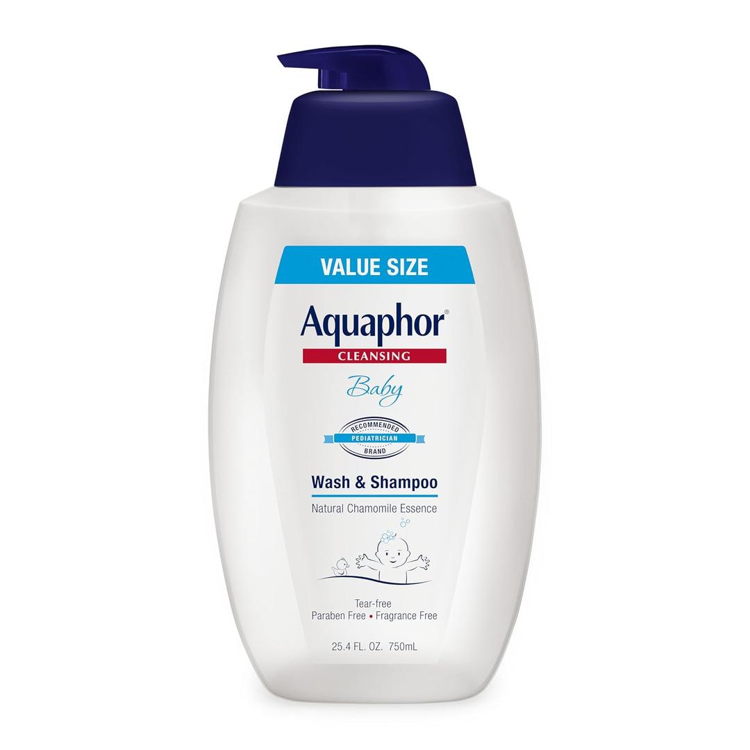 Aquaphor Baby Wash and Shampoo, Unscented Baby Shampoo and Wash, 25.4 Fl Oz Pump Bottle