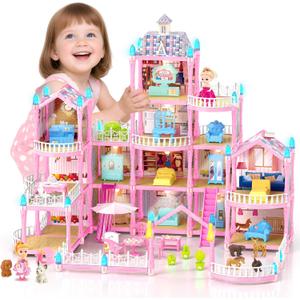 Doll House for Girls, Dream Dollhouse 4-Story 15 Rooms with 2 Dolls, Lights, Animals, Furniture and Accessories, Pretend-Play Toddler Playhouse Gift for 3 4 5 6 7 8 9 10+ Year Old Girls Toys