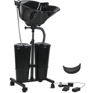 Portable Shampoo Bowl Height Adjustable Hair Washing Station with Electric Pump Dual-Bucket Portable Shampoo Sink with Sprayer for Home Salon Barber Use (Black), 14.8 x 19 inches