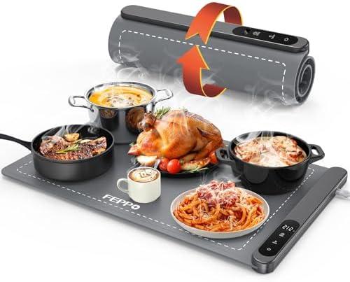 FEPPO Food Warming Mat, Upgrade High-tech Graphene Heating Film, Fast Full Surface Electric Warming Tray with 6 Level Adjustable Temperature and 6 Hours Timer, Roll Up Food Warmers for Parties Buffet
