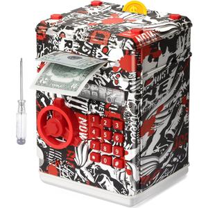 ATM Piggy Bank for Boys Girls, Vcertcpl Mini ATM Coin Bank Money Saving Box with Password, Kids Safe Money Jar for Adults with Auto Grab Bill Slot, Great Gift Toy Bank for Kids (Large, Red)