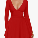 Kaximil Women's Sexy Long Sleeve V Neck Mini Dress Ruched A Line Flowy Cocktail Party Short Dresses, Small