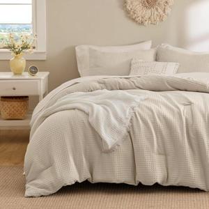 Wrenley Vale 7 Pieces Comforter Set Queen Khaki Waffle Ultra Soft Fluffy Comforter Set All Season Bed in a Bag Set Shabby Chic Farmhouse Rustic Style Bedding