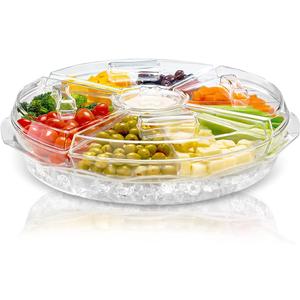 Chef's Star 16" Food Tray with Ice Compartment & Lid - 8 Section with Dip Holder Clear Acrylic Chilled Bowl for Lunch, Picnics & Parties