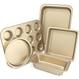 Baking Pans Set, 5-Piece Nonstick Bakeware Sets with Round/Square Cake Pan, Muffin Loaf Roast Pan, Baking Sheets for Oven, Kitchen Cookware Sets Baking Tray Baking Supplies, Gold