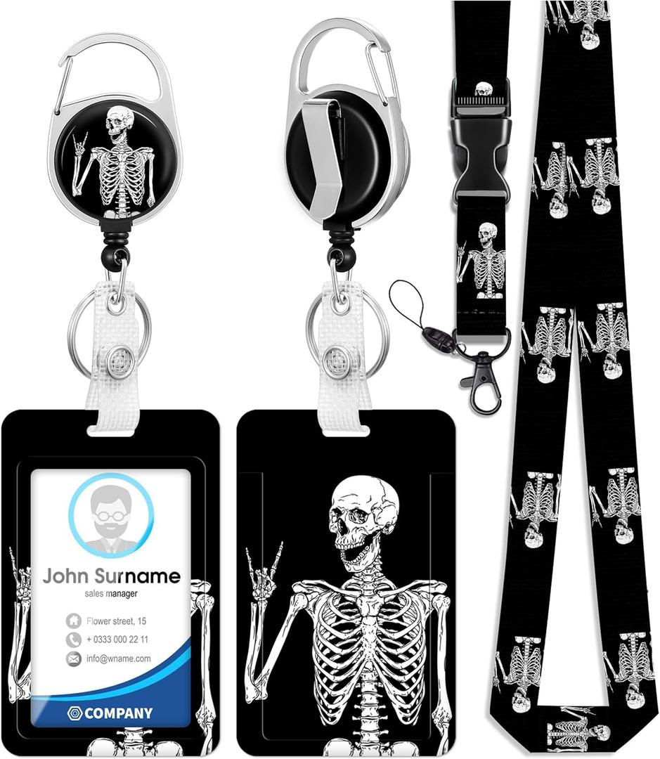 ID Badge Holder with Lanyard and Retractable Badge Reel Clip, Funny Horror Skeleton Card Name Tag Lanyard Vertical ID Protector Bage Clips for Nurse Nursing Doctor Teacher Student