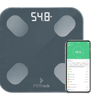 FitTrack Dara Smart BMI Digital Scale  Measure Weight and Body Fat  Most Accurate Bluetooth Glass Bathroom Scale (Black)