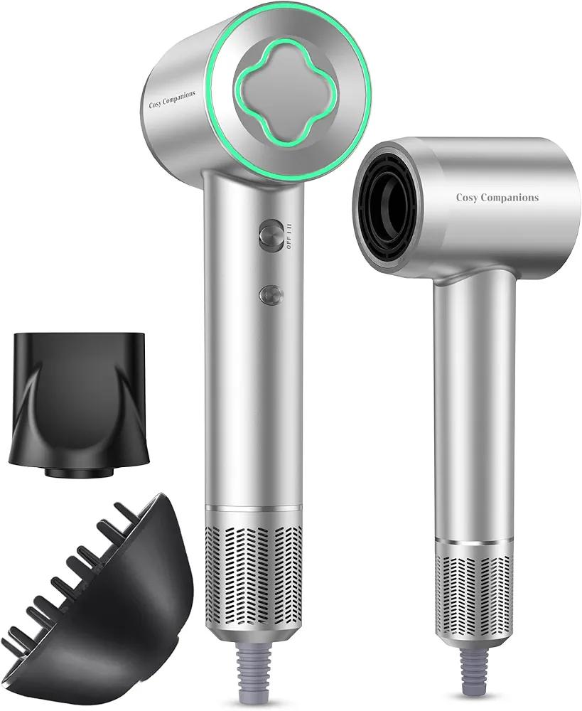 Cosy Companions High-Speed Ionic Hair Dryer, 150000 RPM Brushless Motor for 2-5Min Fast Drying, Low Noise Blow Dryer Reduces Frizz & Heat Damage, Lightweight Hair Dryer with Diffuser & Nozzle, Silvery