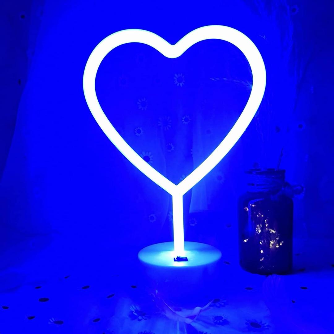 Heart Lights Led Light Sign - Heart Shaped Neon Sign with Base (Blue)