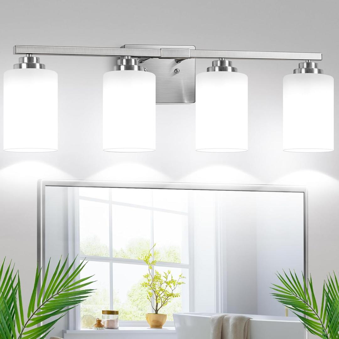 4-Light Bathroom Light Fixtures, 27" Modern Vanity Lights Over Mirror with Milky White Glass Shade, Brushed Nickel Wall Sconce, Classic Wall Light Fixture for Mirror Living Room Cabinet Bedroom Porch