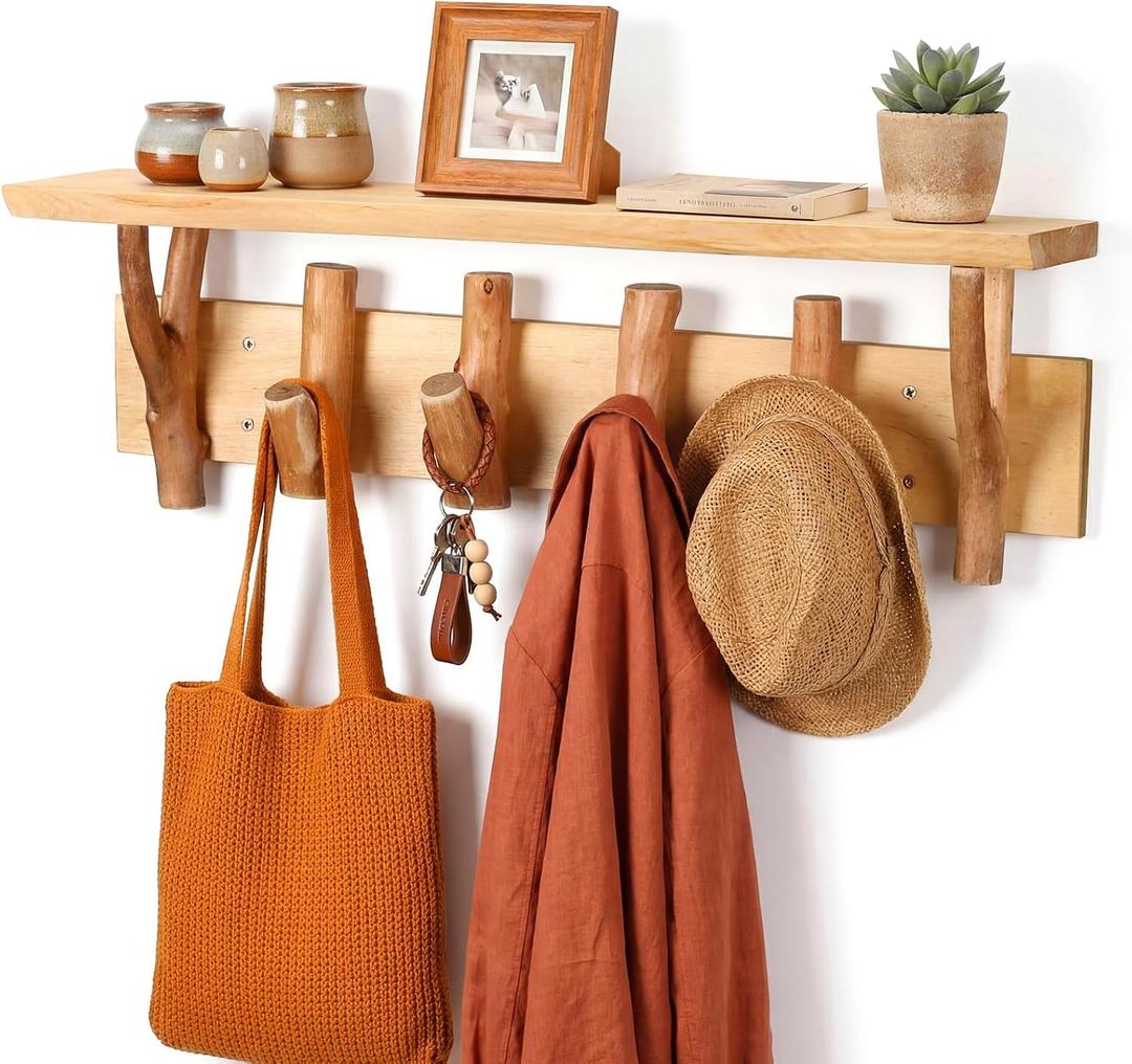 Geelin 24 Inch Coat Rack Wall Mount with Shelf, Entryway Wall Shelf with Hooks, Wood Shelves with 4 Hooks for Entryway Living Room, Bedroom, Kitchen Boho Bathroom Decor
