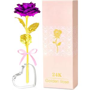 Valentines Day Rose Gifts for Her, Birthday Gifts for Women Mom Galaxy Rose Glass Forever Flowers with Heart-Shaped Base Eternal Crystal Roses Valentine Gifts for Grandma Wife Sister Girlfriend (Purple)