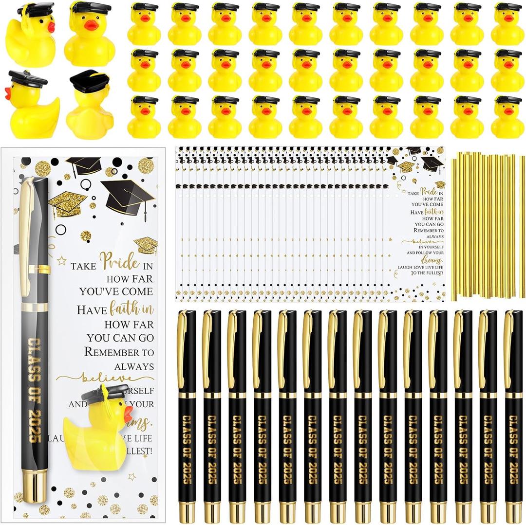 30 Sets Graduation Gifts Bulk Class of 2025 Gel Ink Pen Mini Card Cap Yellow Resin Duck Graduation Party Decorations Favors for Student(Black)
