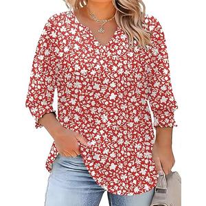 Womens Plus Size Tops 3/4 Sleeve Blouses Shirts Casual V Neck Loose Tunic Tops, S