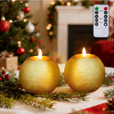 Gold Glitter Battery Operated Round Candles with Timer, Flickering Real Wax LED Flameless Ball Candles for Christmas Party Home Decor Table Centerpieces, Set of 2 (4 Inch)