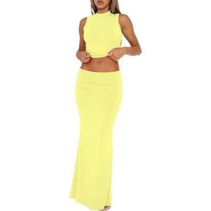 Skirt Sets Women 2 Piece Outfits Summer Going Out Y2K Outfits Two Piece Sleeveless Tank Crop Top Bodycon Maxi Skirts (Large, Yellow)