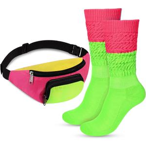 Hicarer 80s Costume Accessories for Women Girls Neon Retro Fanny Pack Slouch Sock Long Scrunch Sock for 80s 90s Party Outfits (Green)