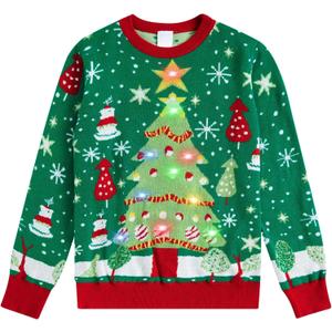 ADUKIDE Boys Ugly Christmas Sweater Xmas LED Light up Sweatshirt Girls Long Sleeve Knit Pullover Size 5-14T (11-12 Years, Christmas Tree Green)