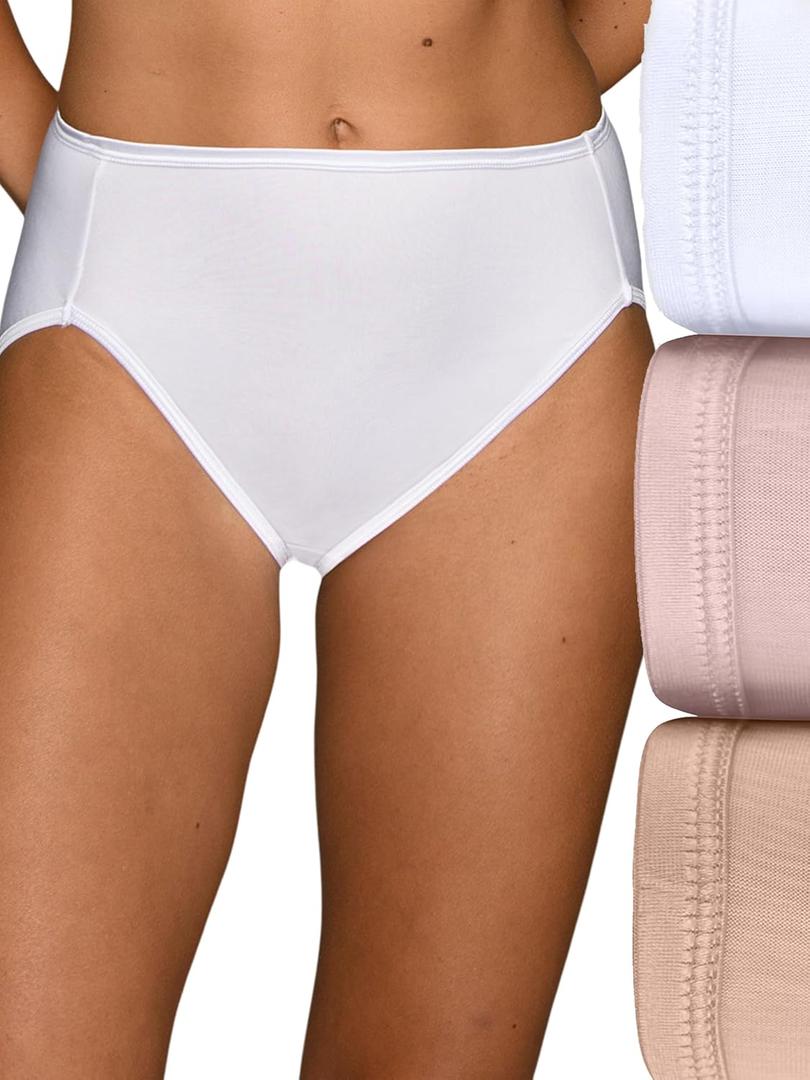 Vanity Fair Women's Illumination Hi Cut Panties, Silky Stretch & Satin Trim (10, 3 Pack - White/Quartz/Beige)