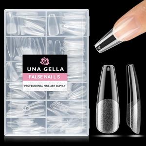 UNA GELLA Long Coffin Nail Tips: 216pcs Coffin Acrylic Fake Nails Full Cover Gel Nail Tips Press On Nails Clear Tips for Nail Extension DIY Salon 12 Sizes