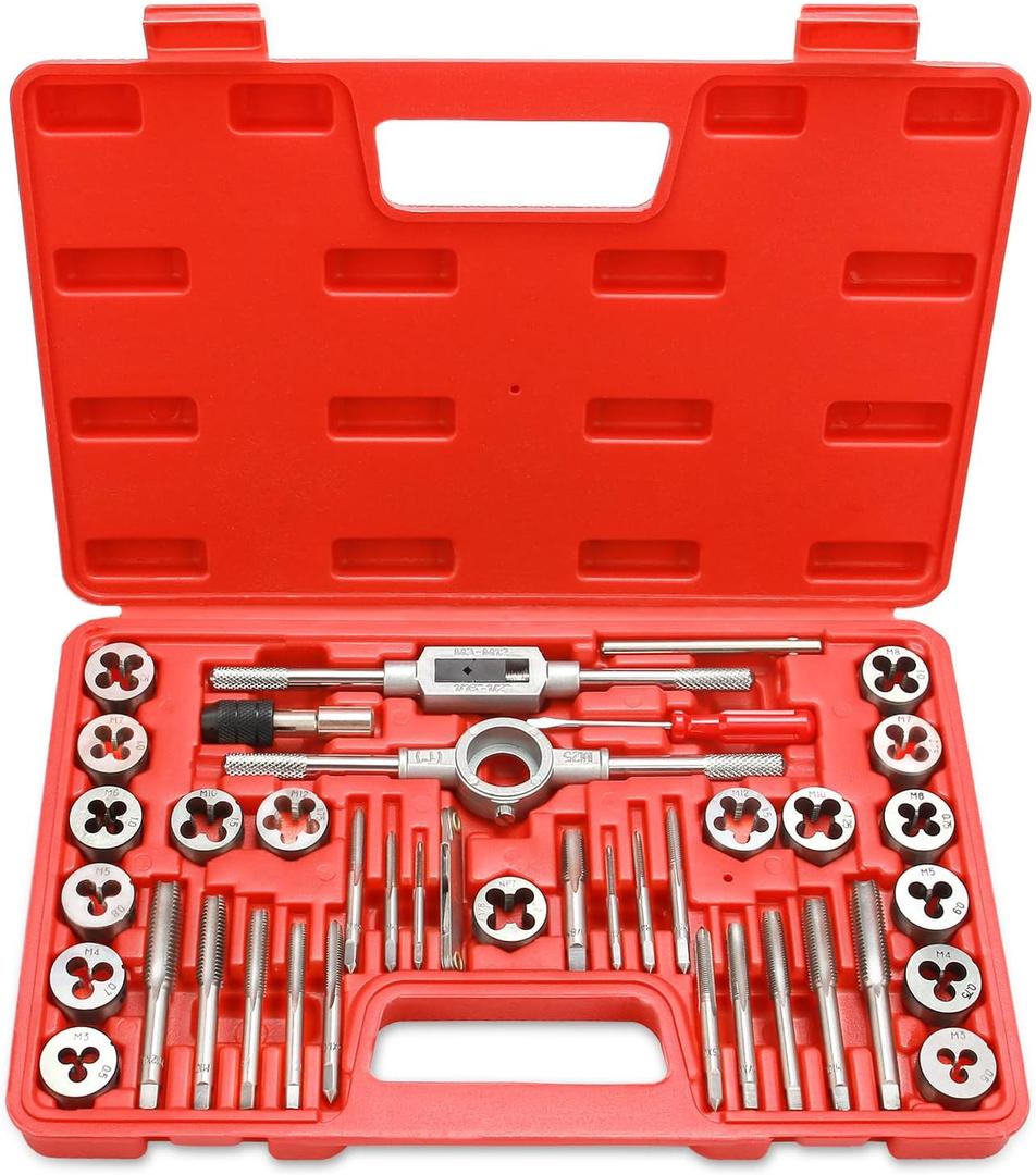 EFFICERE 40-Piece Premium Tap and Die Set, Metric Screw Threads M3, M4, M5, M6, M7, M8, M10, M12, Both Coarse and Fine Types | Essential Threading Tool Kit with Complete Handles, Accessories and Case