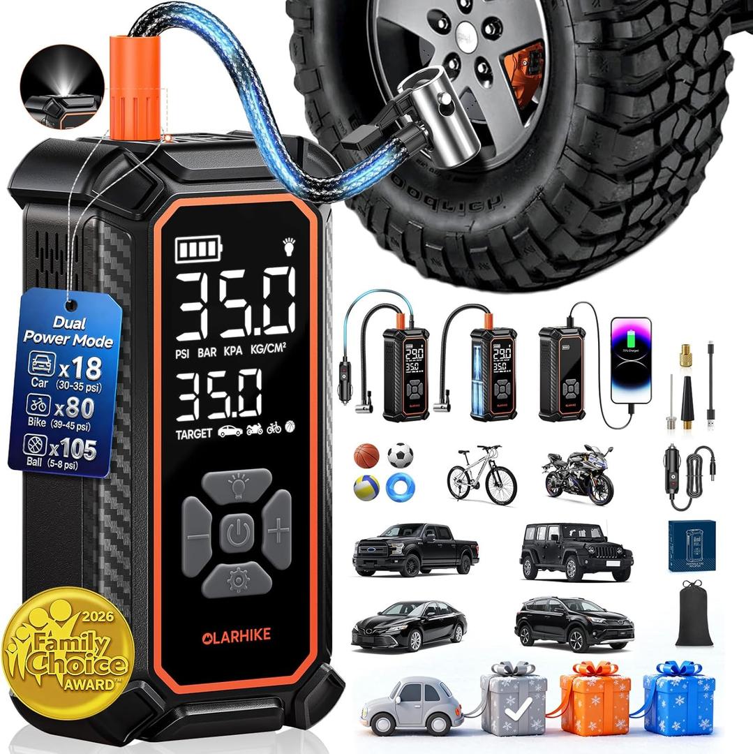 OlarHike Tire Inflator Portable Air Compressor, 150PSI Dual Power - 6000mAh & 12V DC, Cordless Air Pump for Car Tires, Bike, Motorcycle, Balls with LED & Digital Pressure Gauge, Car Gifts (6000mAh (Car&SUV&Light Pickup Truck))