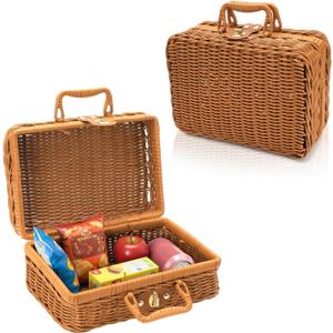Wicker Picnic Basket, Small Vintage Rattan Suitcase Basket with Handle, Rustic Storage Hamper Prop Case with Leather Strap Lock, Plastic Storage Box Makeup Organizer for Sundries Camping Travel