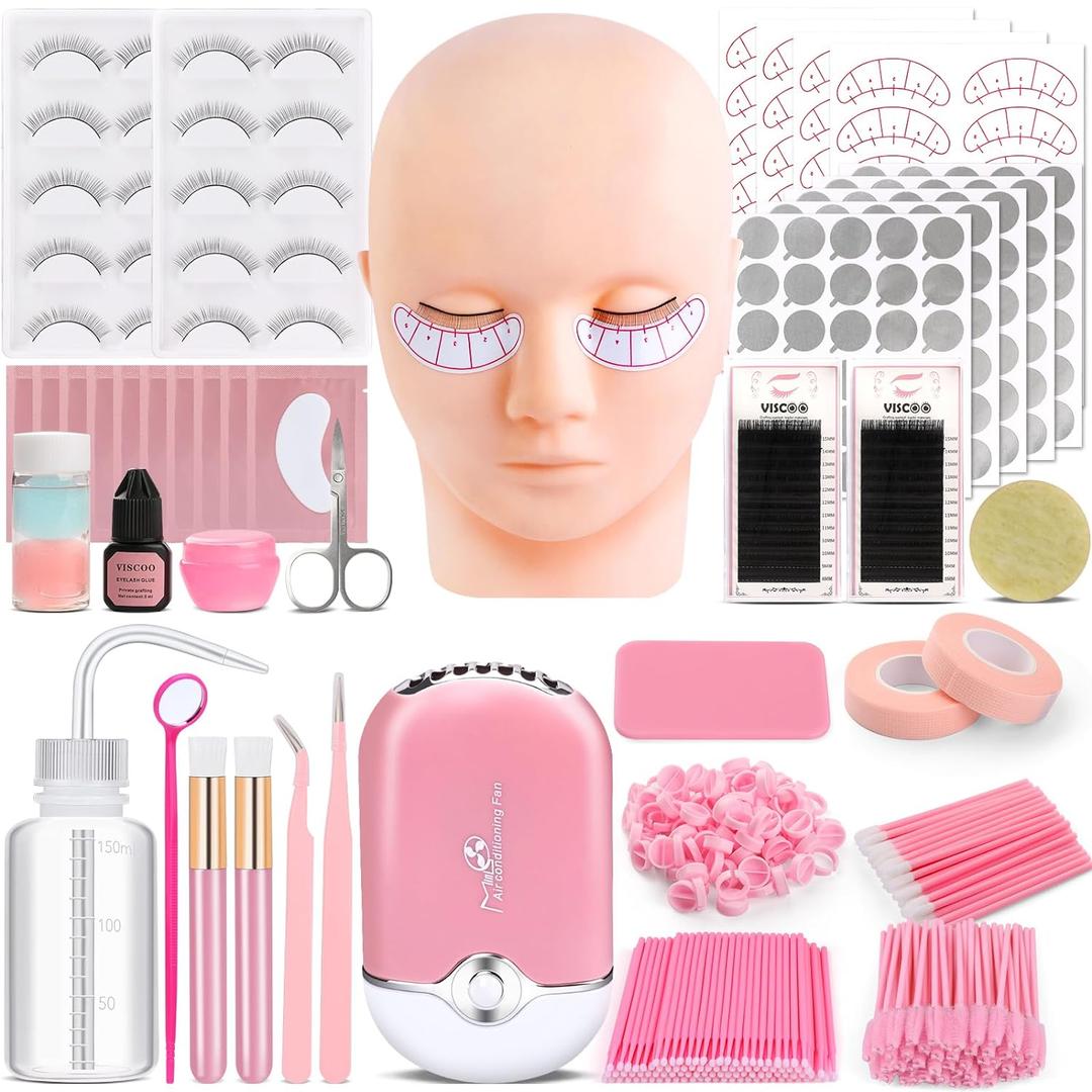 Eyelash Extension Kit for Beginners, Professional Lash Extension Kit with Mannequin Head, Lash Starter Kit with Lash Fan, Lash Extension Supplies for Practice Training Kit