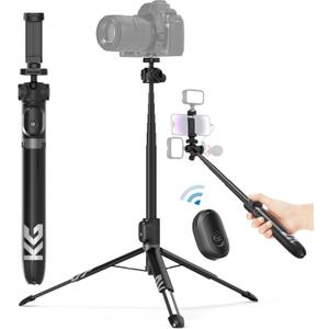 KraftGeek Vlogging Tripod for Phone and Camera, 60" Tripod Stand for iPhone and Android with 3 Cold Shoes for Light and Microphone (Both are not Included), Selfie Stick with Remote for Video Recording (Black)
