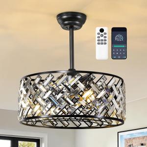 Crystal Caged Ceiling Fan Lights: 20'' Black Fandelier Ceiling Fan Light with APP Control/Remote/6 Speed/Timer Semi Flush Mount Industrial Fandelier for Bedroom Living Dining Room Kitchen, E12 Base