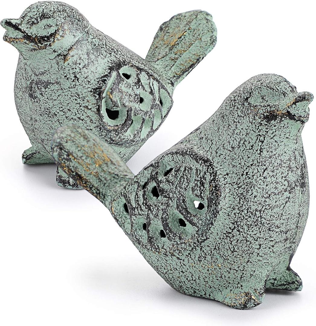 OwnMy 2PCS Cast Iron Green Bird Sculptures - Outdoor & Indoor Small Birds Statues, Hollow Carved Bird Figurines Ornaments Decorative Animal Figurines for Garden Patio Home Decors
