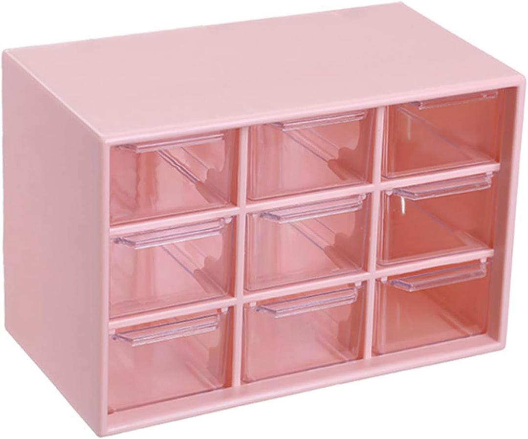 Mini Desktop Drawer Box 9 Compartments Plastic Desk Organizer Office Supplies and Jewelry Storage Box for Office, School, Cosmetic, Jewelry, Hair Clips, Small Parts, etc. (Pink)
