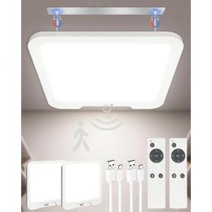 2 Pack Rechargeable Motion Sensor Ceiling Lights with Remote, Dimmable Magnetic Mount Closet Light, 7000mAh Battery Operated LED Shower Light, 3 Color Temperatures for Bathroom, Stairs, Hallway,Garage, Square-2 Pack