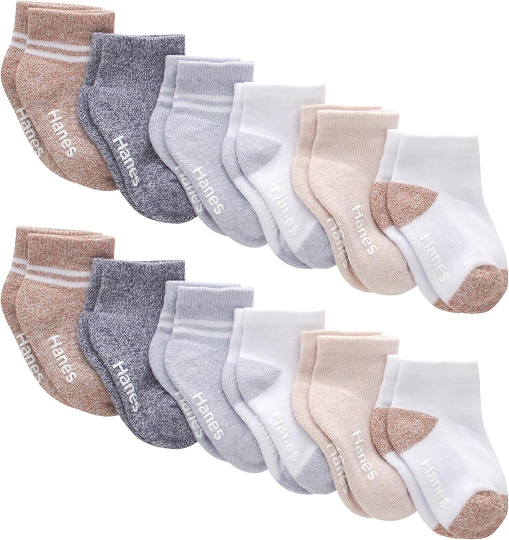Hanes Baby and Toddler, Non-Slip Grip Ankle Socks, Boys' and Girls', Multipacks (4-5T, White, Heather Grey, Heather Blue, Brown, Khaki - 12 Pack)