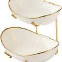 jessie 2 Tier Ceramic Fruit Bowl for Kitchen Counter with Metal Rack, Fruit Basket with Stand, Porcelain Bowls for Vegetable Bread Candy Snack Nuts Dessert Cake Tray (Gold 2 layer)